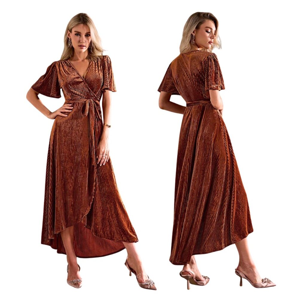 Boho Butterfly Sleeve Full Wrap Ribbed Velvet Dress Copper Rust XL Earthy NWT - Picture 1 of 11